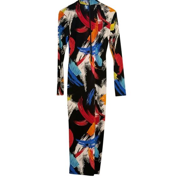 Multi Color Fitted Maxi Dress with High Neck and Long Sleeves - Picture 2 of 3